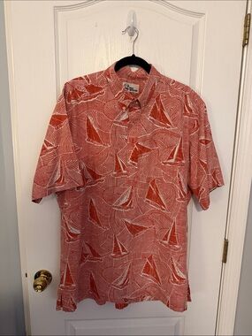 Reyn Spooner Red and White Sailboat Print Short Sleeve Button Shirt